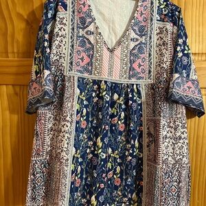 Boho Floral Patchwork V-Neck Top in Navy and Pink